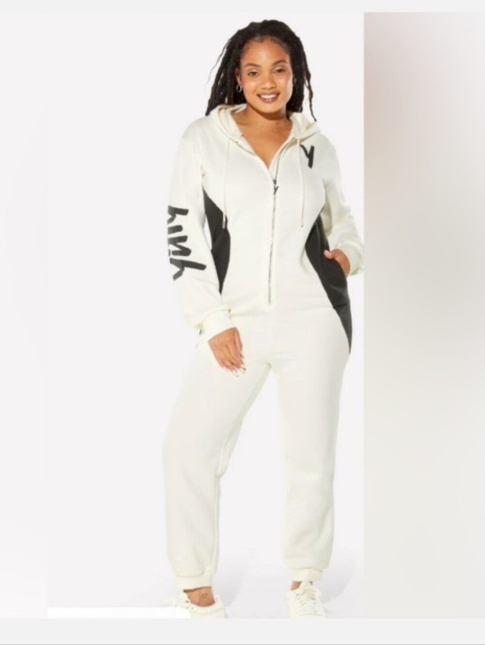 Yitty Cozy Ivory Zip-Front Jumpsuit with Black Accent